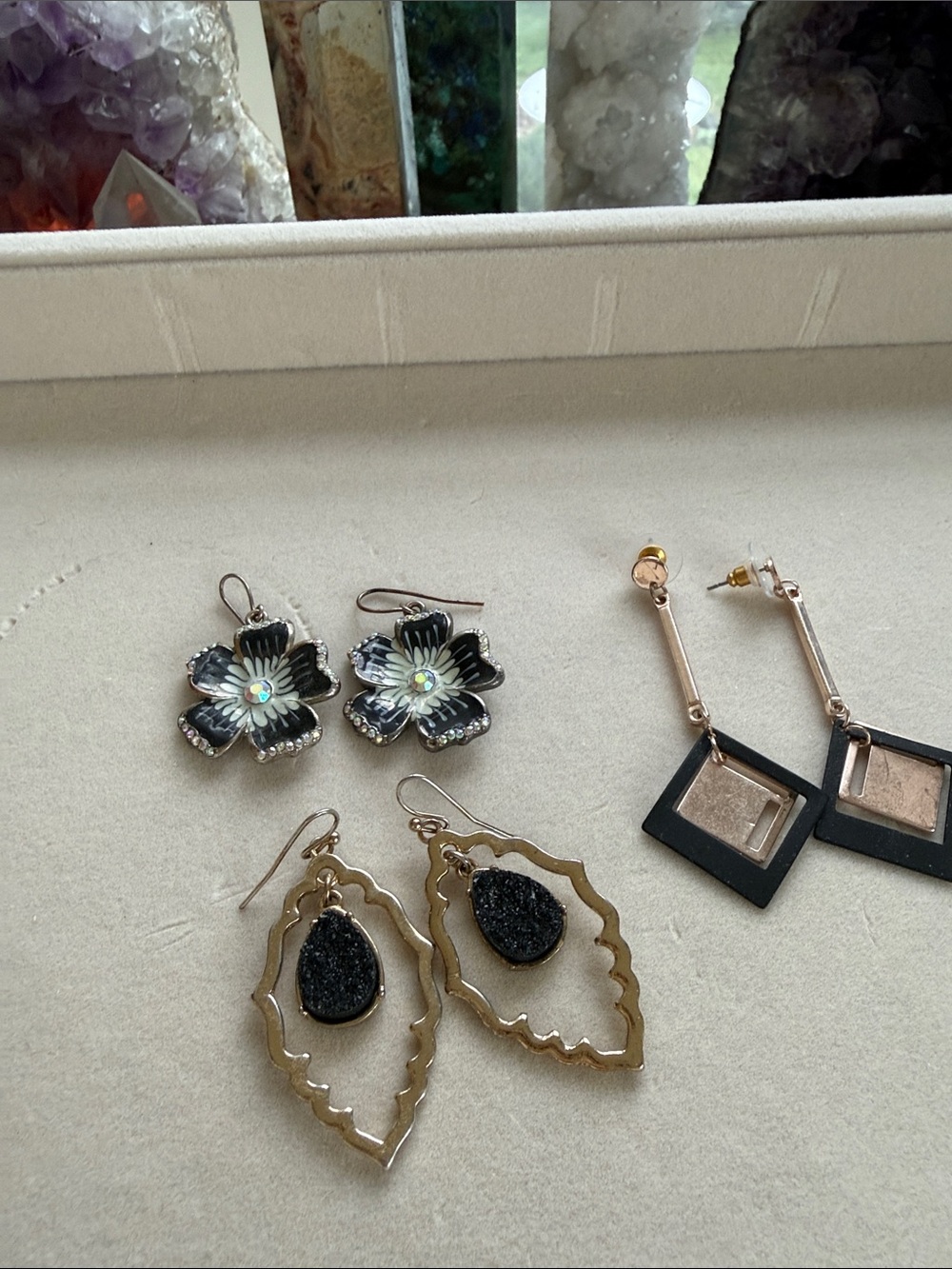 Black and Gold Dangle Earrings - Floral and Geometric Styles